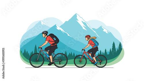 Adventurous couple enjoying mountain biking with backpacks against a scenic backdrop of majestic mountains and lush pine forests, promoting outdoor activity.