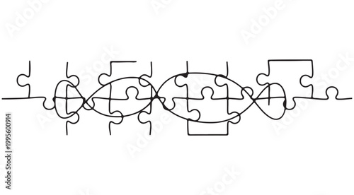 Continuous line drawing of puzzle pieces forming a DNA helix isolated on white background illustration