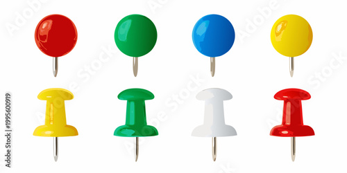 Colorful plastic push pins arranged in two rows on a white background