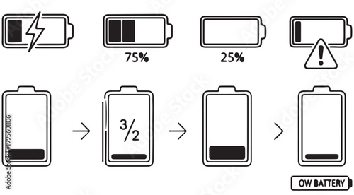 Hand drawn battery level icons set with charging and low power status isolated on white background illustration