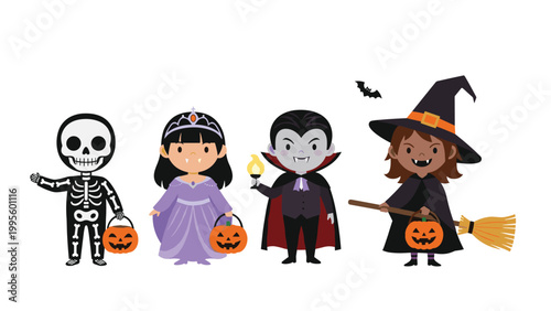 Adorable diverse group of children dressed in various Halloween costumes including a skeleton, princess, vampire, and witch, ready for trick or treating.