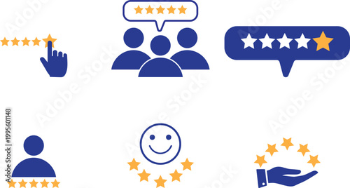 Customer feedback and rating icons star review symbols for service evaluation and user experience flat vector design elements on white background