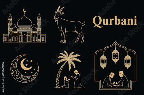 Eid al-Adha Graphic Bundle with Goat Silhouette and Muslim Prayer Scene