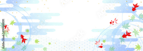 涼しげな水面の波紋と金魚　和風伝統模様背景イラスト