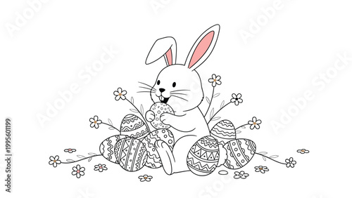 Adorable Easter bunny happily nibbling on a decorated egg, surrounded by more festive eggs and spring flowers in continuous line art.