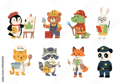 Cute Animal Characters in Various Professions Cartoon Vector Set
