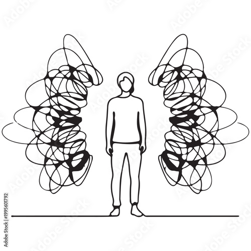 Minimalist line art illustration of a man with chaotic scribbles isolated on white background representing mental health and anxiety