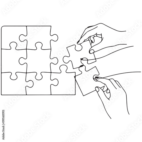 Minimalist continuous line drawing of hands assembling jigsaw puzzle pieces isolated on white background