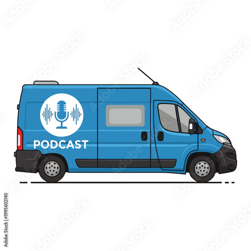 Blue van with podcast logo on side panel driving on road