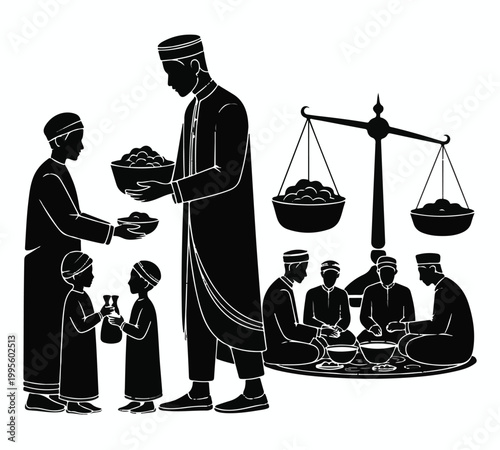 Qurbani Sacrifice Concept with Goat Silhouette and Food Distribution