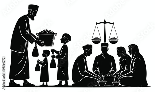 Qurbani Sacrifice Concept with Goat Silhouette and Food Distribution