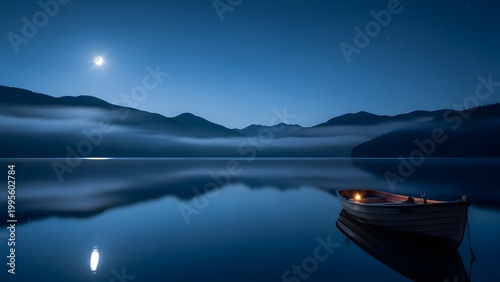 Sunset over a calm lake in the mountains with reflections of sky, clouds and surrounding forest