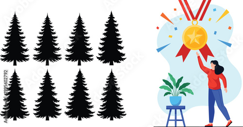 Achievement and success concept with woman reaching gold medal alongside pine tree silhouettes symbolizing growth progress and accomplishment illustration