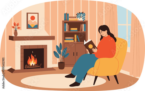Cozy home reading finding rest and relaxation with a good book by the fireplace