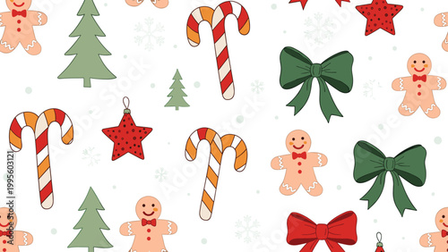 Cute Christmas Seamless Pattern Vector Illustration with Gingerbread Man, Candy Cane, Christmas Tree, Star, Bow and Snowflake on White Background