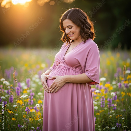 A pregnant woman in a pink dress standing in a field of flowers