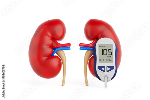 Diabetes Monitoring And Kidney Health Concept. Human Kidneys With Glucose Meter. 3D Rendering