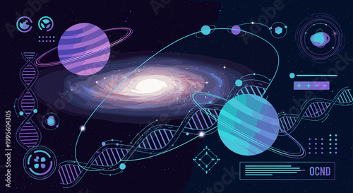 Abstract graphic depicting a DNA helix alongside atomic structures. Evokes scientific discovery, innovation, and the building blocks of life, ideal fo