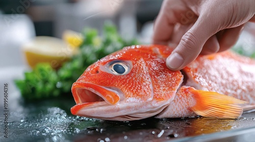 A chef's finger is gently pulling open the gill of a freshly caught fish to reveal its bright red color, the ultimate test of freshness