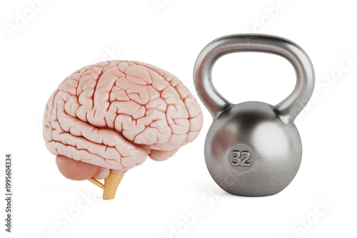 Mental Strength And Cognitive Fitness Concept. Human Brain Beside Metal Kettlebell. 3D Rendering