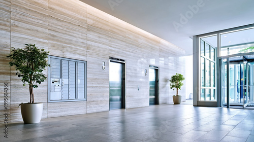 A modern office lobby with elevators and a glass entrance door