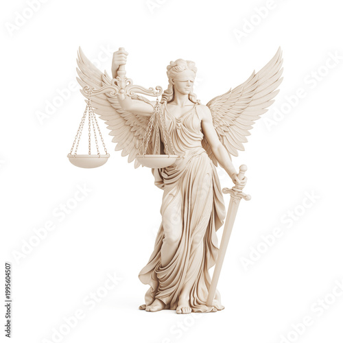 Winged Justice And Legal Authority Symbol. Femida Statue With Scales Sword And Wings On White Background. 3d Rendering
