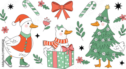 Cute Christmas Duck Character Vector Illustration with Santa Hat, Ice Skating, Tree Costume, Gift Box and Candy Cane in Doodle Style