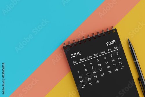 Black Flip Monthly June 2026 Business Calendar with Black Pen. 3d Rendering