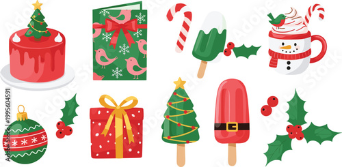 Cute Christmas Element Set Vector Illustration with Cake, Greeting Card, Ice Cream, Hot Cocoa, Gift Box, Ornament Ball and Holly in Festive Red Green Style