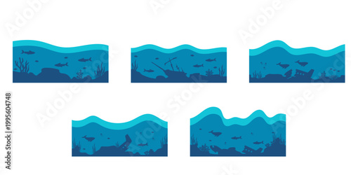 Collection of Blue Fish School Abstract Vector Patterns