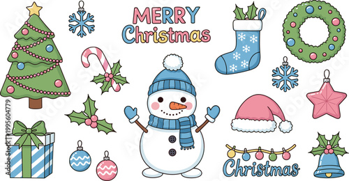 Cute Kawaii Merry Christmas Element Set Vector Illustration with Snowman, Christmas Tree, Stocking, Wreath, Gift Box and Ornaments in Pastel Color Style