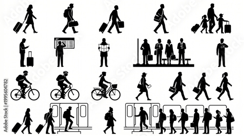 Vector Black Silhouette People Set: Men, Women, and Families Traveling with Luggage, Commuting by Train and Bicycle, Walking to Work, and Waiting at Transit Stations on White Background