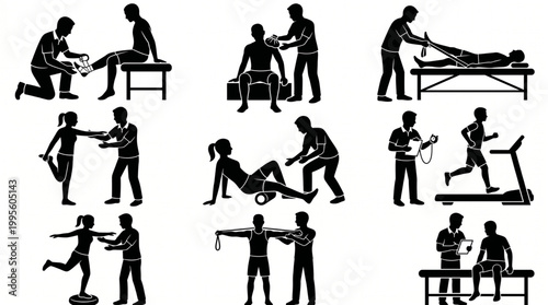 Massive collection of physical therapy and sports medicine silhouettes featuring physiotherapists, medical rehabilitation tasks, recovery exercises, and professional clinical equipment.