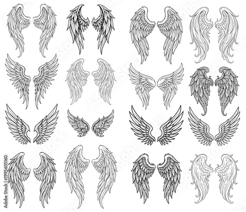 Set of hand drawn angel wings illustrations, vector sketches of bird wings in different styles.