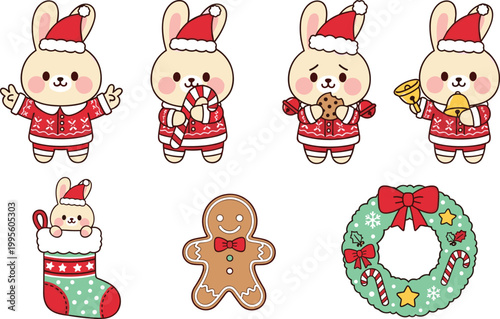 Cute Kawaii Christmas Bunny Rabbit Santa Costume Vector Set with Gingerbread Man Wreath Stocking Festive Holiday Winter Cartoon Character Collection