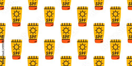 Vector seamless pattern with yellow sunscreen spf tube on white background. Summer skin care and beach holiday cosmetic design for vacation wrapping paper, fabric, textile, wallpaper, repeat print.