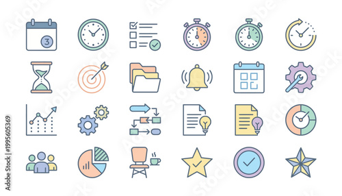 Collection of business productivity icons and symbols.