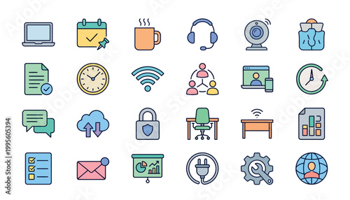 Collection of modern business icons and symbols for productivity and communication.