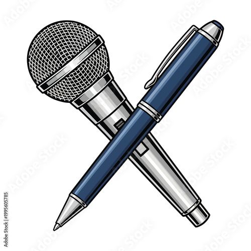 A silver microphone and a blue ballpoint pen are crossed symbolizing voice and written expression