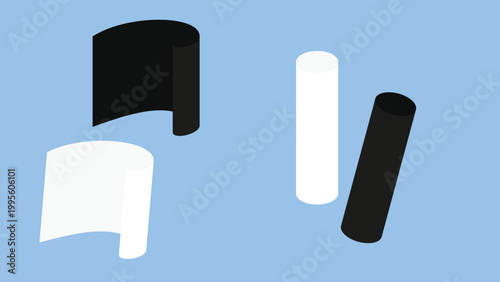 Black and white paper rolls isolated on blue background. Vector illustration.