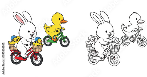Cute Rabbit and Ducklings Riding Bicycles Coloring Page and Color Illustration for Kids - Animals Fun Activity Vector Set