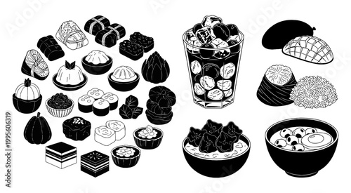 Set of black and white hand drawn Thai food and dessert illustrations