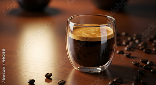 Glass of espresso coffee with beans.