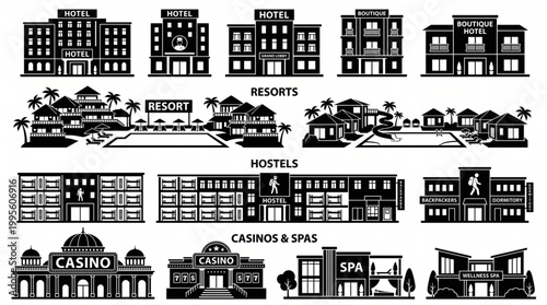 Black and White Silhouette Vector Icon Set of Various Accommodation Buildings Including Luxury Hotels, Tropical Resorts, Budget Hostels, Grand Casinos and Modern Wellness Spa Centers.