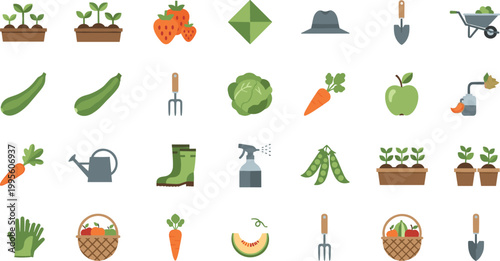Garden farming and vegetable collection featuring carrot cabbage zucchini strawberry apple seedling watering can boots gloves and tools flat style vector illustration set