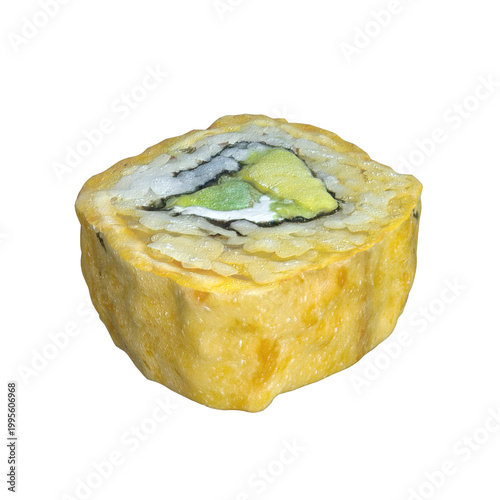 Delicious sushi roll with avocado on white background