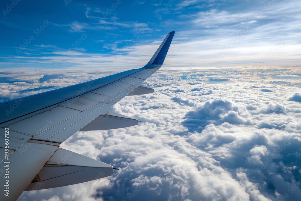 Fototapeta premium Close up of airplane wing above clouds with bright blue sky, minimal composition, travel concept