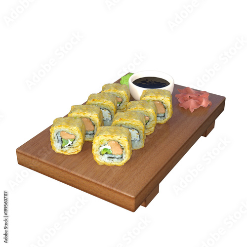 Delicious sushi rolls on wooden board with soy sauce