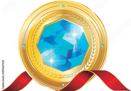 Golden badge with blue jewelry and ribbon