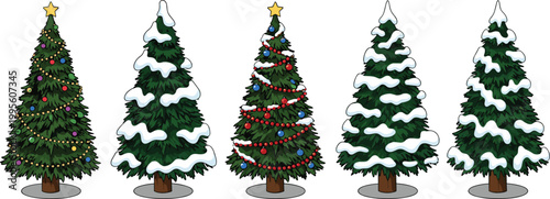 Snow covered decorated Christmas tree collection with colorful ornament balls star topper and lights in various styles flat style vector illustration set